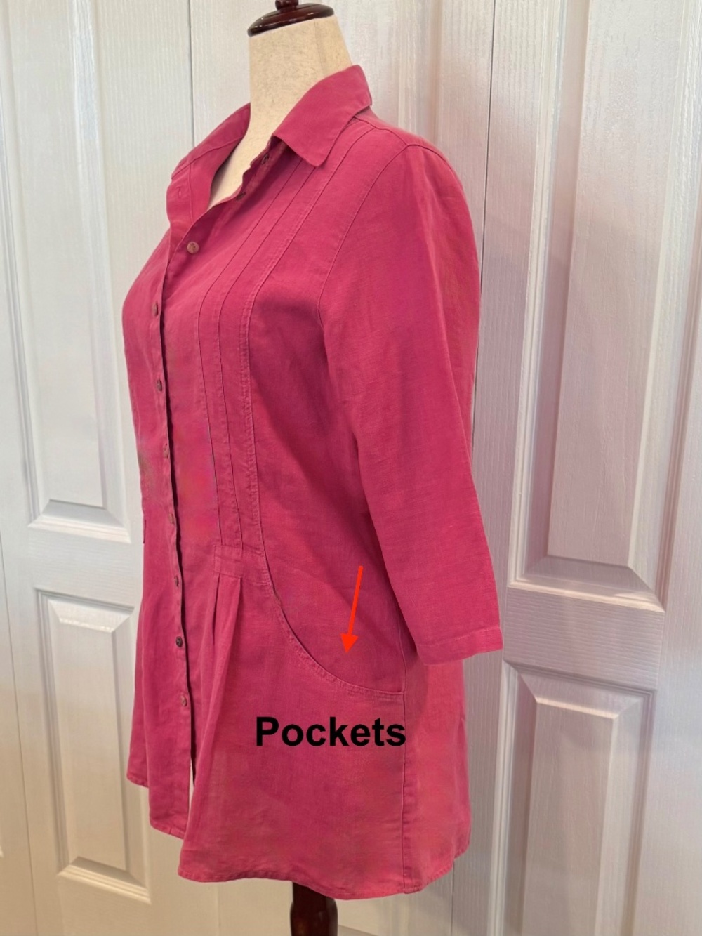 Vintage Women's 100% Linen Pink Tunic by Click, Pleated Bodice, Pockets, Size M.